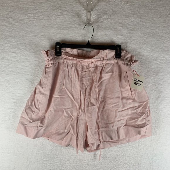 Open Edit Shorts Women Size L Pink PaperBag Waist‎ Drawstring Pockets Linen 6386 - Picture 1 of 8